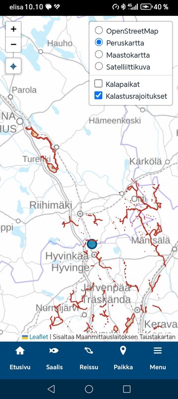 Kalastusrajoitukset kartalla Android-sovelluksessa