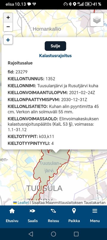 Kalastusrajoituksen tarkemmat tiedot kartalla