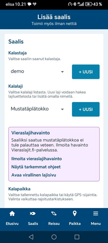 Saaliin lisääminen ja vieraslajimuistutus Android-sovelluksessa
