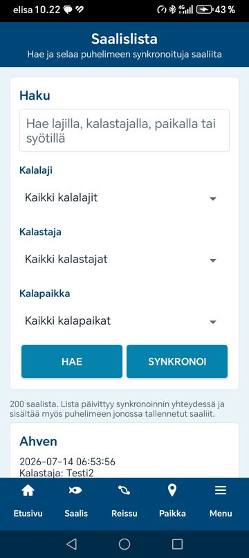 Android-sovelluksen saalislista ja hakusuodattimet