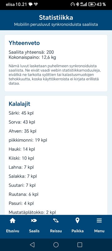 Android-sovelluksen paikalliset saalistilastot
