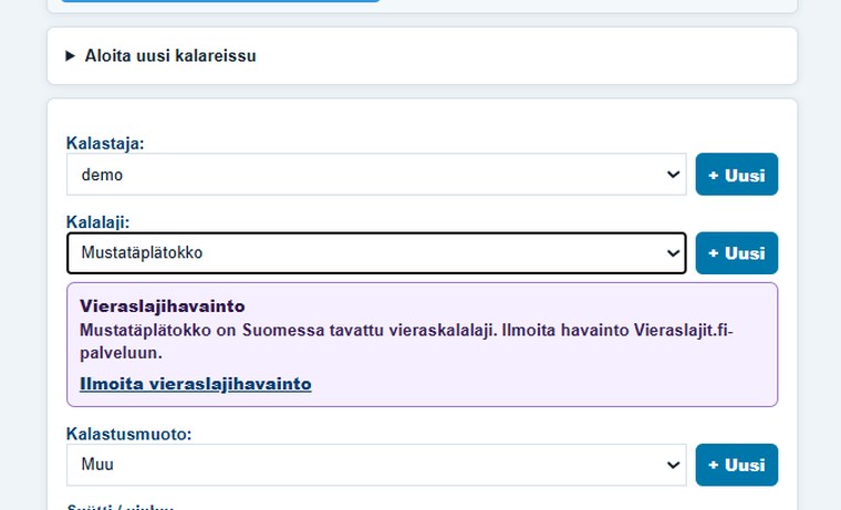 Saaliin lisäyslomakkeen vieraslajihavainto ja linkki Vieraslajit.fi-palveluun